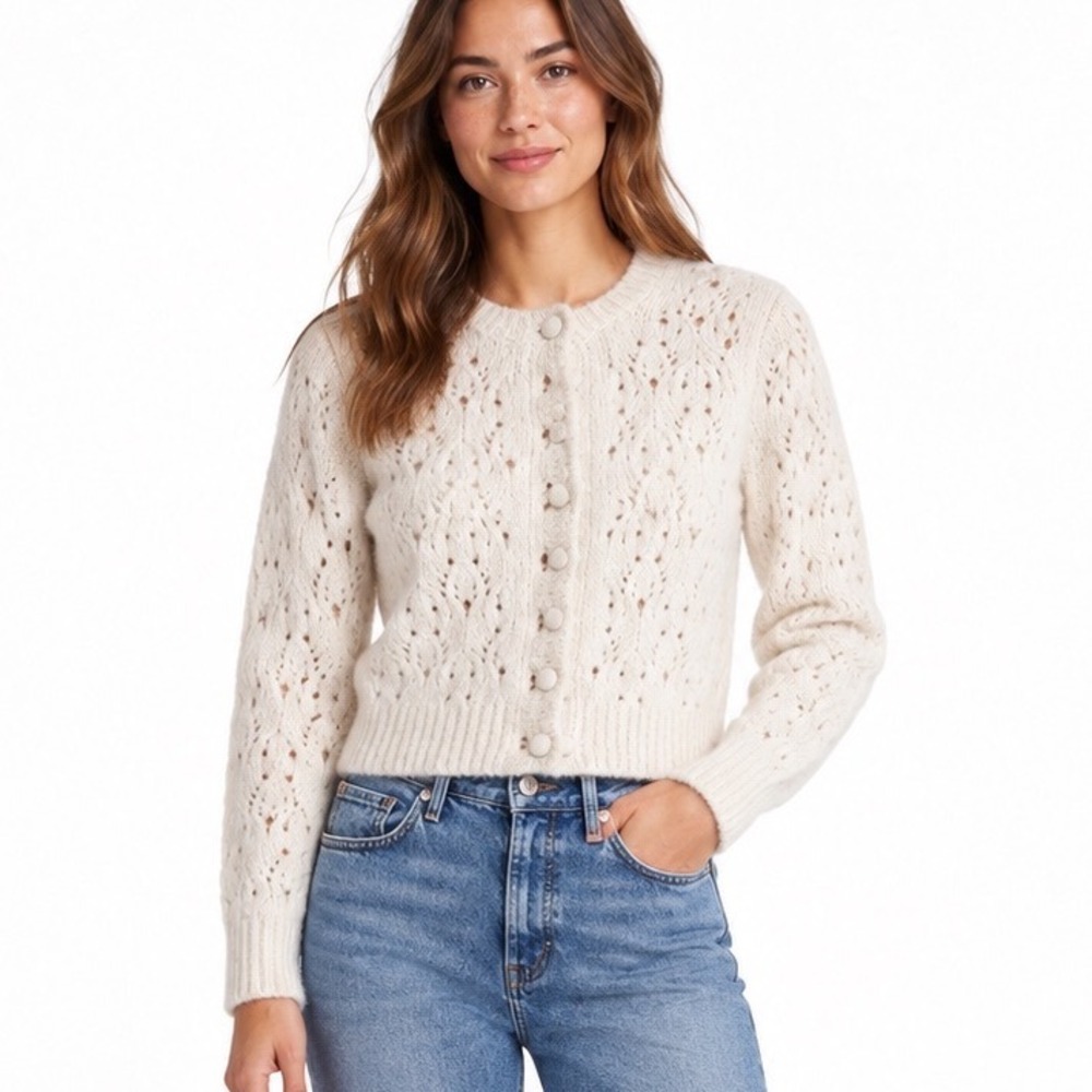 Madewell Pointelle Cardigan Sweater Cream White Merino Wool Blend NY433 Size S